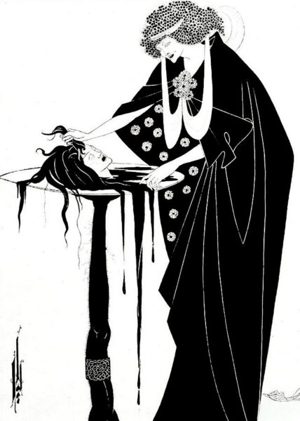 "La récompense de la danseuse", dessin d'Aubrey Beardsley. "En face du rouge c'est, dans la pièce, l'opposition du noir et du blanc qui domine. Et, en cela, bien que Wilde ne les aimât pas, les dessins d'Aubrey Beardsley qui illustrent l'édition en anglais de 1894 étaient adaptés." (M.-C. Pasquier)